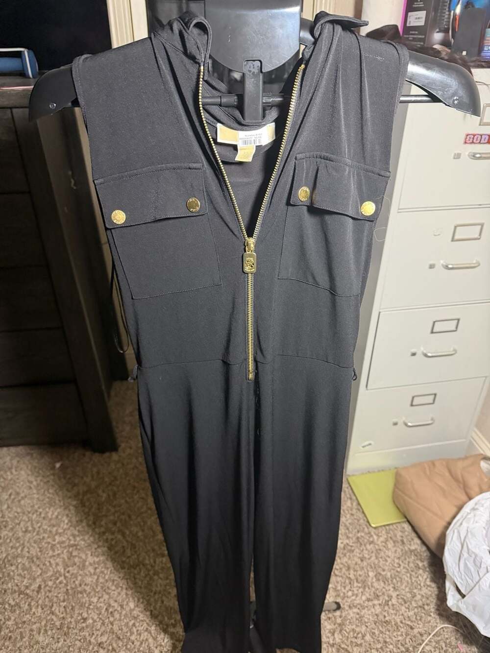 MICHAEL Michael Kors Black Sleeveless Zip-Front Jumpsuit with Gold Hardware